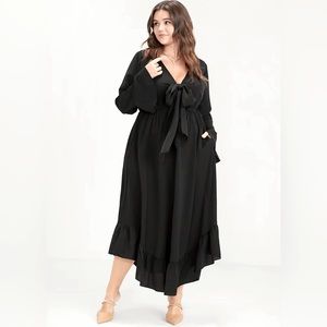 NWT | Solid Bell Sleeve Pocket Knotted Neck Arc Hem Dress